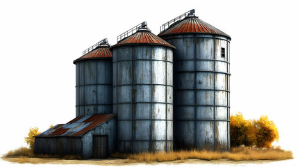 Silos Store Grain, Rusting in Autumn Fields Serene