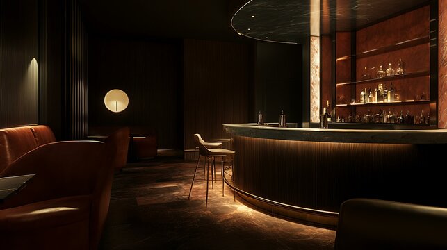 An upscale restaurant bar with a focus on luxurious materials, including a polished wood bar and elegant leather chairs, set in dim, moody lighting