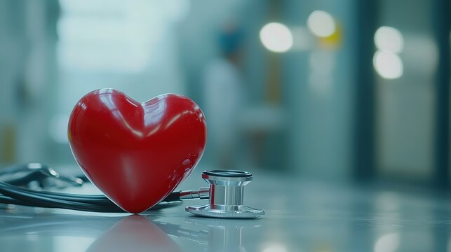Red heart love shape hand with doctor physician's stethoscope on hospital background: Hospital life insurance concept. World heart health day. doctor day, world hypertension day, 4k Resolution