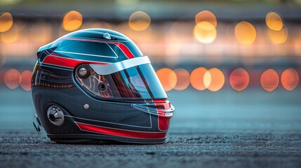 Obraz premium Dynamic racing helmet with red motion streaks symbolizing extreme velocity in motorsport