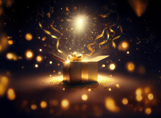 A golden gift box bursts open, revealing a radiant light and shimmering confetti.  Magic and wonder fill the dark scene.