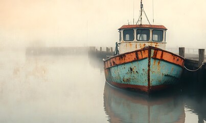 an old fishing boat docked at the pier, Generative AI