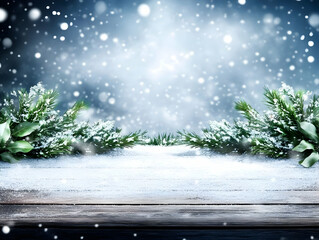 Winter Snow Falling Gently on Wooden Table with Pine Branches