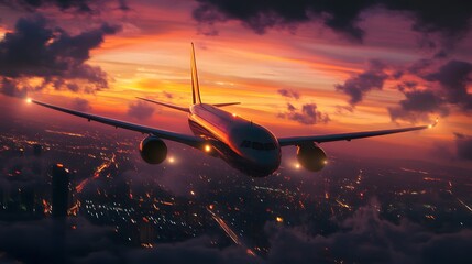 Airplane flying above city at sunset