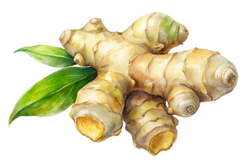 Fresh ginger root, vibrant green leaves, watercolor illustration, natural food ingredient, healthy cooking, culinary use.