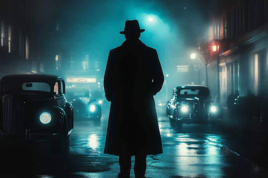 Silhouette of man in hat and coat standing in dark city street with vintage cars and fog at night. Gangster, mafia or old fashioned detective in noir style