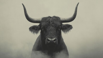Naklejka premium Majestic bull portrait in monochrome, misty background.