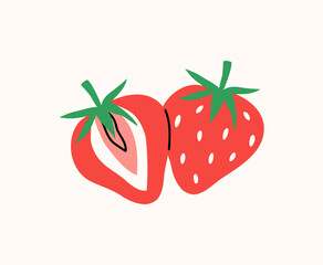 Cut into halves and whole cute strawberries on light background, two strawberries set, flat style, hand drawn illustration