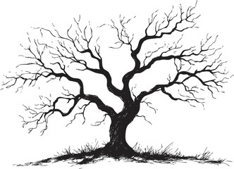 Silhouette of a leafless tree with intricate branches on a white background.