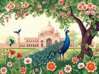 Mughal traditional garden with peacock, bird, flower and temple pattern illustration
