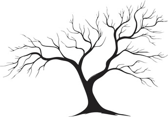 Silhouette of a barren tree with twisting branches on a white background.