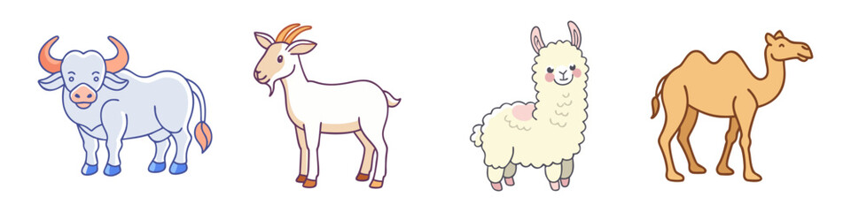 Illustration of Farm and Desert Animals  - A colorful illustration featuring a water buffalo, goat, alpaca, and camel, representing diverse animals from farms and deserts. 