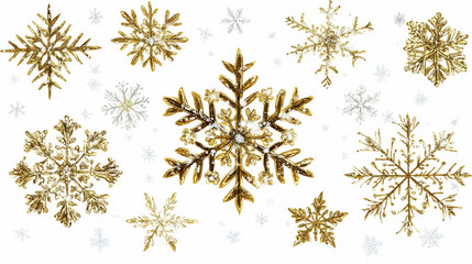 Golden Snowflakes Sparkle Beautifully on White Background, Winter Decoration