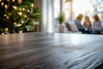 a sleek table with slight scuffs, in a cozy apartment living room. a modest family gathering, with a touch of winter or spring decor around the window.