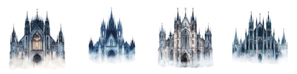 Fototapeta premium Majestic medieval Gothic cathedral and castle structures with tall spires and towers stand in a misty winter landscape their silhouettes dramatically illuminated against a cloudy night sky
