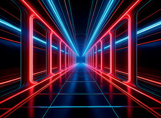 A futuristic tunnel glows with vibrant red and blue neon lights.  The sleek, reflective floor and walls create a sense of depth and endless possibility.  The symmetrical design is both captivating and