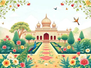 Mughal traditional garden with peacock, bird, flower and temple pattern illustration