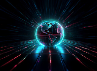 A glowing, holographic Earth rests on a dark, futuristic grid.  Radiant teal and pink energy streams emanate from its surface, symbolizing global connectivity and technological advancement.