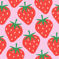 Seamless abstract summer pattern of whole cute strawberries in a row on a pink background, flat style, hand drawn illustration