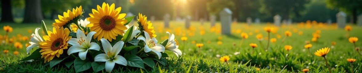 Obraz premium Yellow sunflowers and white lilies in a grave site, funeral, grave, dead