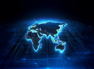 A glowing, three-dimensional world map hovers over a futuristic circuit board, symbolizing global connectivity and digital technology.