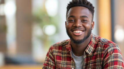 Obraz premium Happy African American man in plaid shirt. Great for casual lifestyle, authentic happiness, and genuine portraits