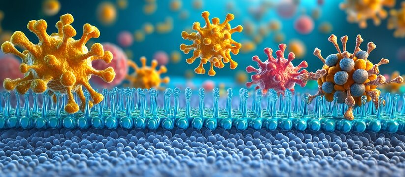 Microscopic View of Viruses Interacting with a Cell Membrane