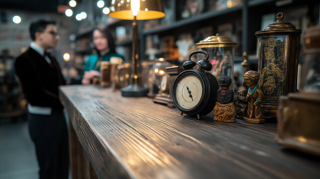 A well-worn narrow wooden counter in a dimly-lit antique curiosity shop filled with eclectic treasures. with oddities--vintage clocks behinds