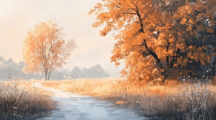 Fototapeta premium Autumnal Path: A Serene Digital Painting of a Misty Meadow Path Winding Through Golden Trees