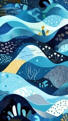 Abstract Blue Landscape With Floral And Wave Patterns