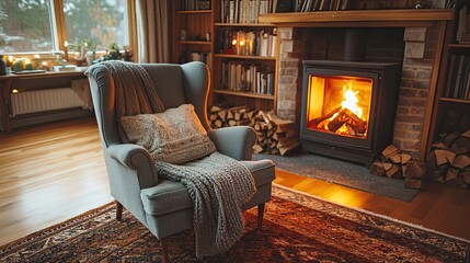 Cozy Living Room with Armchair, Tea, and Fireplace for a Warm and Inviting Atmosphere 