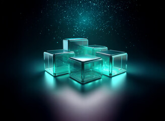 Glowing teal cubes, arranged in a cluster, emit light onto a dark reflective surface.  Sparkling particles drift above.  A futuristic, minimalist scene.
