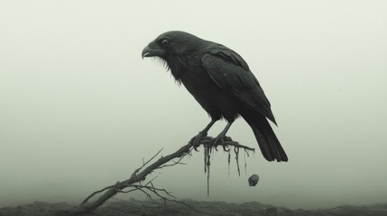 Solitary crow perched on a dead branch in foggy weather.