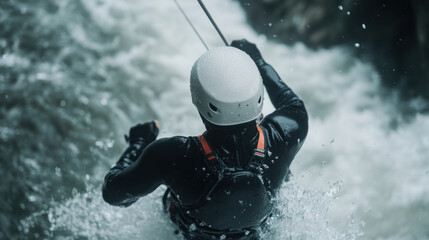 person in wetsuit navigates fast flowing river, showcasing adventure and thrill. scene captures excitement of water sports and beauty of nature