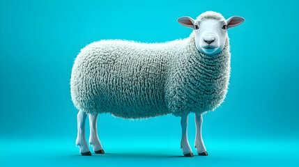 Fototapeta premium Fluffy white sheep studio shot against teal backdrop, perfect for agriculture or textile design