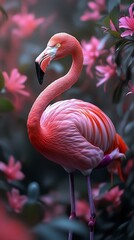 Fototapeta premium Tropical garden with flamingo surrounded by pink flowers high resolution hd picture