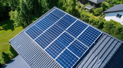 Aerial View of Solar Panels Installed on a Modern Home Roof Surrounded by Lush Green Landscaping