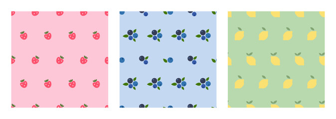 Set Seamless pattern berries and fruits. For baby packaging, banner, wrapping, phone cases, covers, textile, wallpaper, stationary. Blueberry, strawberry, lemon. Kawaii Vector vertical backgrounds