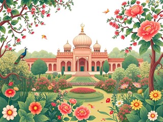 Mughal traditional garden with peacock, bird, flower and temple pattern illustration