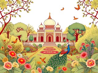 Mughal traditional garden with peacock, bird, flower and temple pattern illustration