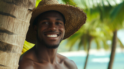 African American man in straw hat at tropical beach. Perfect for vacation lifestyle, travel happiness, and summer vibes