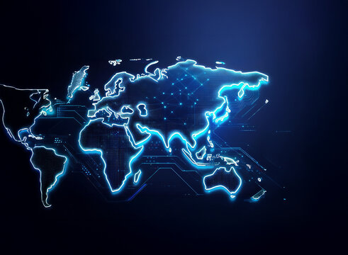 A glowing, digital world map, illuminated in electric blue, showcases global interconnectedness via a futuristic network design.  The continents are outlined with bright energy, highlighting the conce