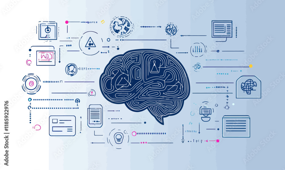 Poster digital ai brain with technology icons representing artificial intelligence and chat interfaces