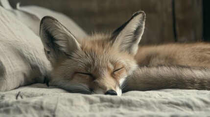 Fototapeta premium A red fox sleeps peacefully on a bed.