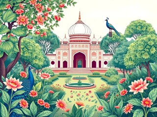 Mughal traditional garden with peacock, bird, flower and temple pattern illustration