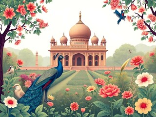 Mughal traditional garden with peacock, bird, flower and temple pattern illustration