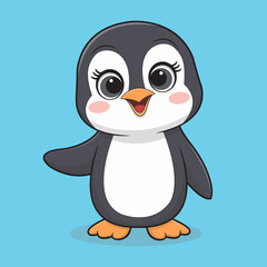 Cute cartoon penguin on a blue background. Vector illustration.