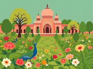 Mughal traditional garden with peacock, bird, flower and temple pattern illustration