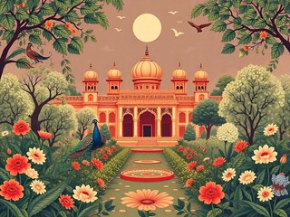 Mughal traditional garden with peacock, bird, flower and temple pattern illustration