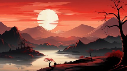 A beautiful landscape with a large red sun in the sky